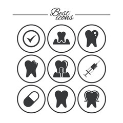 Tooth, dental care icons. Stomatology signs.