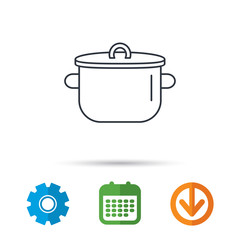 Pan icon. Cooking pot sign. Kitchen tool symbol. Calendar, cogwheel and download arrow signs. Colored flat web icons. Vector