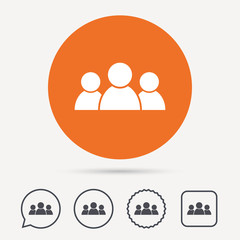 People icon. Group of humans sign. Team work symbol. Circle, speech bubble and star buttons. Flat web icons. Vector