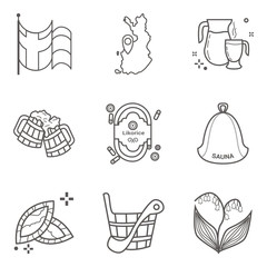 Set of lineart vector icons of Finland main symbols and signs including flag and land map.
