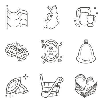 Set of lineart vector icons of Finland main symbols and signs including flag and land map.
