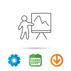 Presentation icon. Statistics chart sign. Calendar, cogwheel and download arrow signs. Colored flat web icons. Vector