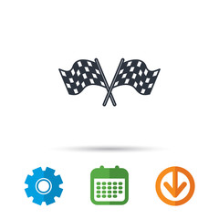 Crosswise racing flags icon. Finishing symbol. Calendar, cogwheel and download arrow signs. Colored flat web icons. Vector