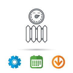 Radiator with regulator icon. Heater sign. Maximum temperature. Calendar, cogwheel and download arrow signs. Colored flat web icons. Vector