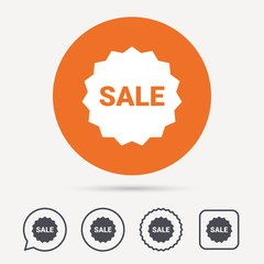 Sale icon. Special offer star symbol. Circle, speech bubble and star buttons. Flat web icons. Vector