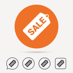 Sale coupon icon. Special offer tag symbol. Circle, speech bubble and star buttons. Flat web icons. Vector
