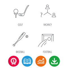Football, golf and baseball icons. Vacancy linear sign. Award medal, growth chart and opened book web icons. Download arrow. Vector