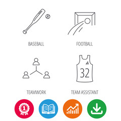 Fototapeta premium Football, team assistant and baseball icons. Teamwork linear sign. Award medal, growth chart and opened book web icons. Download arrow. Vector
