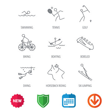 Swimming, tennis and golf icons. Biking, diving and horseback riding linear signs. Ski jumping, boating and bobsleigh icons. New tag, shield and calendar web icons. Download arrow. Vector