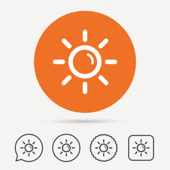 Fototapeta premium Sun icon. Sunny weather symbol. Circle, speech bubble and star buttons. Flat web icons. Vector