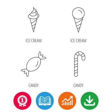 Ice cream, candy icons. Sweets linear sign. Award medal, growth chart and opened book web icons. Download arrow. Vector