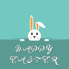 Vector design with Eastern hiding Bunny and text Happy Eastern. Card for celebration.