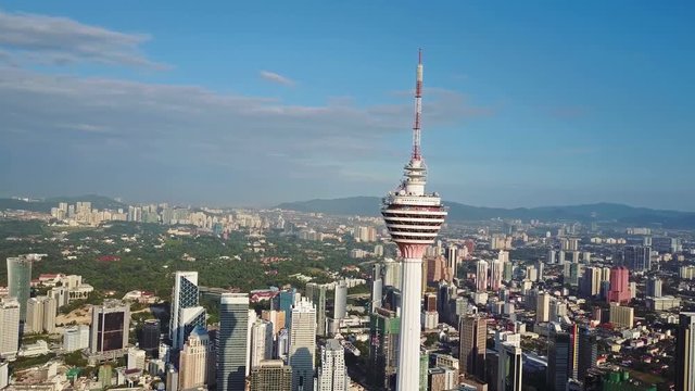 Aerial view of kuala lumpur cityscape. Drone video of asian scyscrapers. Blurred all logotypes.