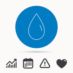 Water drop icon. Liquid sign. Freshness, condensation or washing symbol. Calendar, attention sign and growth chart. Button with web icon. Vector