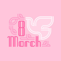 International women's day greeting card with white dove and 8 March retro lettering on pink background