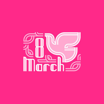 White dove and 8 March retro lettering on vivid pink background. International women's day greeting card