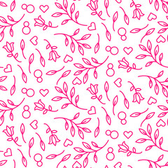 Pink line floral 8 March seamless vector pattern. Plant leaves and hearts feminine background.