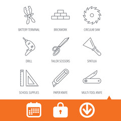 Paper knife, spatula and scissors icons. Circular saw, brickwork and drill tool linear signs. Multi-tool knife, rulers icons. Download arrow, locker and calendar web icons. Vector
