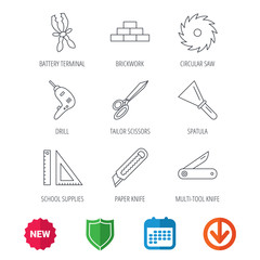 Paper knife, spatula and scissors icons. Circular saw, brickwork and drill tool linear signs. Multi-tool knife, rulers icons. New tag, shield and calendar web icons. Download arrow. Vector