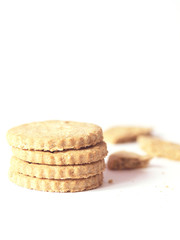 Pile of cookies or biscuits and crumbs on white background
