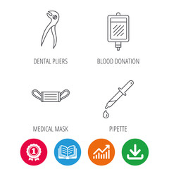 Medical mask, blood and dental pliers icons. Pipette linear sign. Award medal, growth chart and opened book web icons. Download arrow. Vector