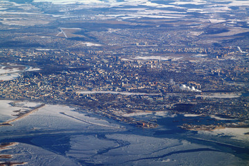 City on Volga, view from plane. Kazan, Russia
