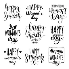 Happy Woman's day handwritten lettering set. 8 March calligraphy collection for greeting or invitation cards, tags etc.