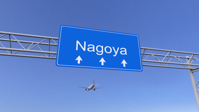 Commercial airplane arriving to Nagoya airport. Travelling to Japan conceptual 3D rendering