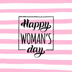 Vector Woman's day handwritten lettering card. Vintage curly calligraphy Happy 8 of March on stripe pink background.