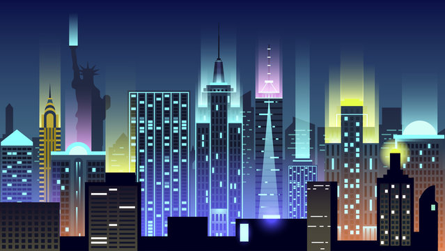 USA city night neon style architecture buildings town country travel