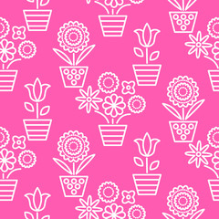 Pink and white line flower pots seamless vector. Floral outline feminine monochrome background texture.