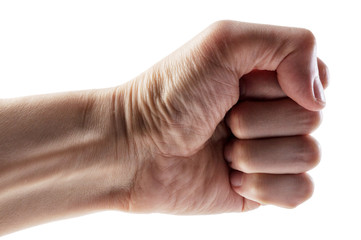Male clenched fist, isolated on a white background with clipping path. Left hand.