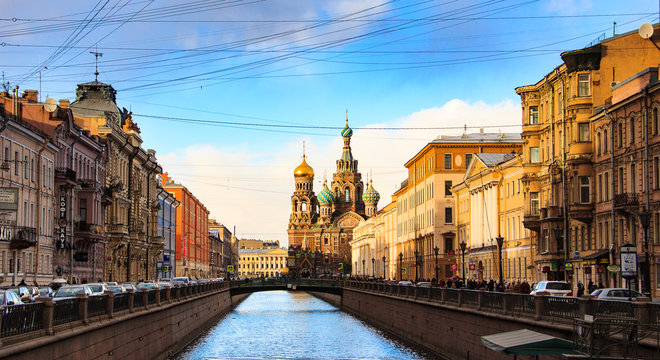 Scenic view of the Griboyedov Canal Embankment. The Church of the Savior on Spilled Blood (Cathedral of the Resurrection of Christ), St. Petersburg, Russia. 