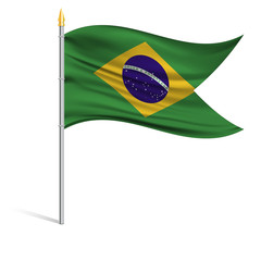 The national flag of Brazil on a pole. The wavy fabric. The sign and symbol of the country. Realistic vector.