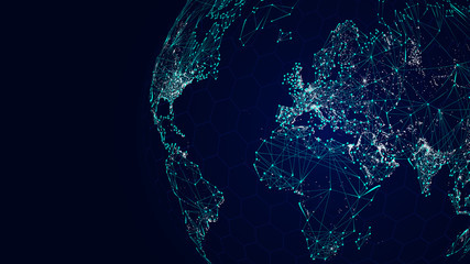 Globe international network, sci-fi world map background