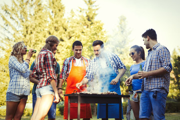 Friends having a barbecue party in nature