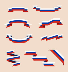 Vector set of skrolled isolated ribbons or banners in colors of Russian flag.