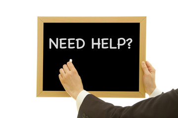 Woman hand writing NEED HELP on chalkboard isolated on white background.