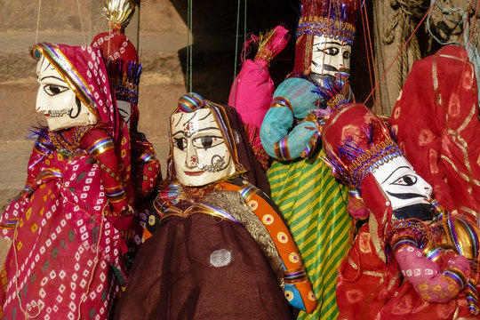 India art style puppets hanging for display, Jaipur, Rajasthan, India