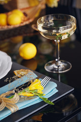 Table place setting with holidays decoration.