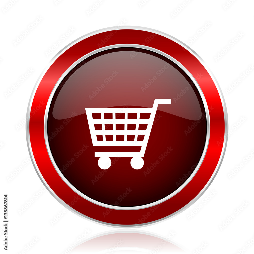 Poster shopping cart red round glossy vector web icon. circle modern design chrome metal border abstract si