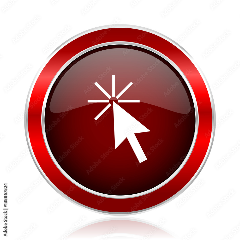 Fototapete Click here red round glossy vector web icon. Circle modern design chrome metal border abstract sign for smartphone applications