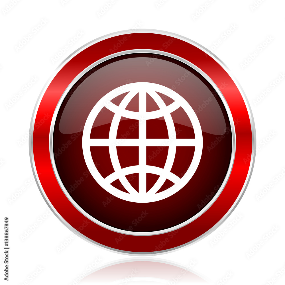 Poster Earth red round glossy vector web icon. Circle modern design chrome metal border abstract sign for smartphone applications