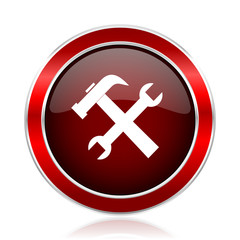 Obraz premium Tool red round glossy vector web icon. Circle modern design chrome metal border abstract sign for smartphone applications