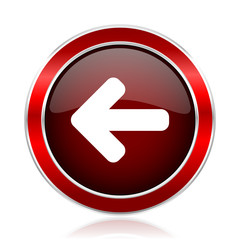 Left arrow red round glossy vector web icon. Circle modern design chrome metal border abstract sign for smartphone applications