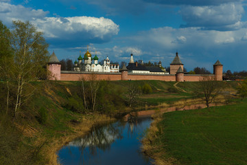The panorama of the ancient Spaso-evfimiev monastery on the high bank of the river in Suzdal
