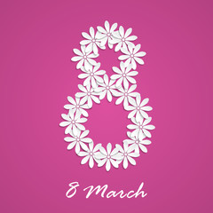 8 March greeting card with white origami flowers on pink background