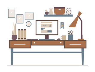 Line workplace in flat style interior. Outline illustration.