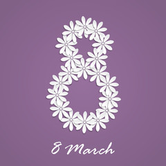 8 March greeting card with white origami flowers on violet background