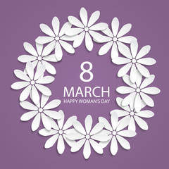 8 March greeting card with white origami flowers on violet background